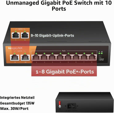 Keeplink PoE Switch 10-Port Gigabit LAN Switch mit 8 PoE+ Ports