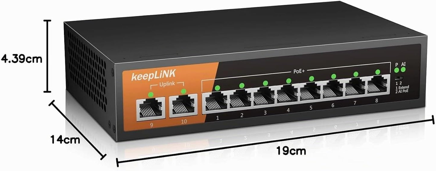 Keeplink PoE Switch 10-Port Gigabit LAN Switch mit 8 PoE+ Ports