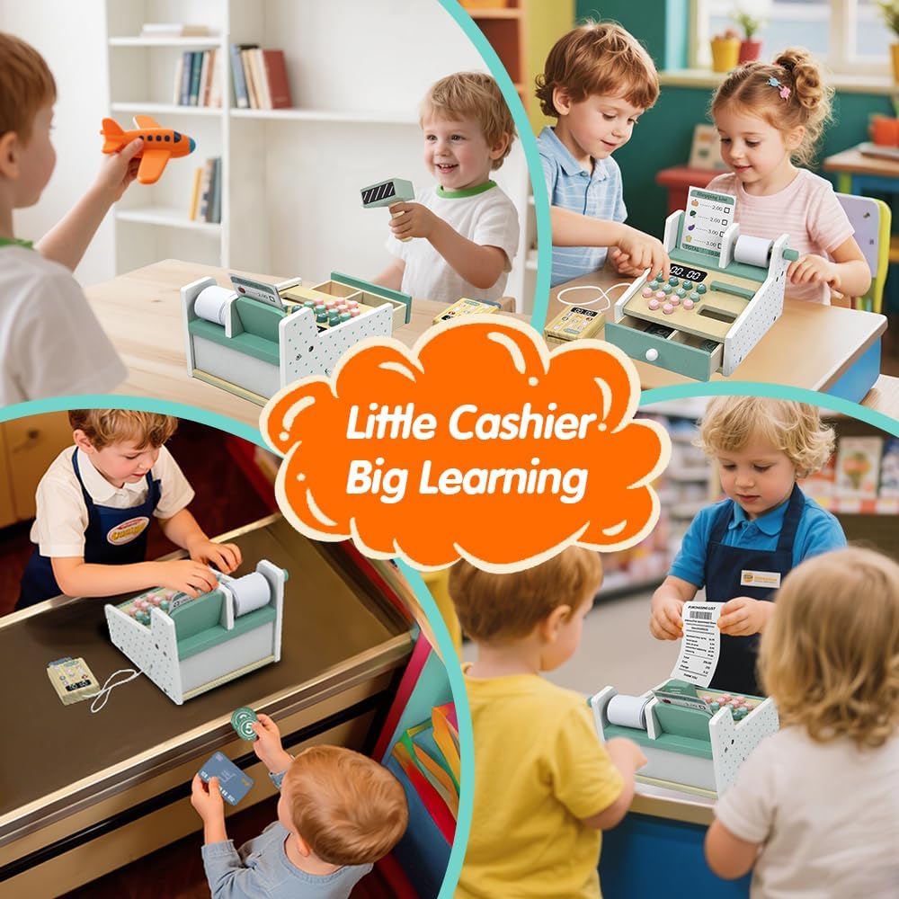 KABI Spielzeug-Registrierkasse aus Holz für Kinder Rollenspiel-Set mit Scanner