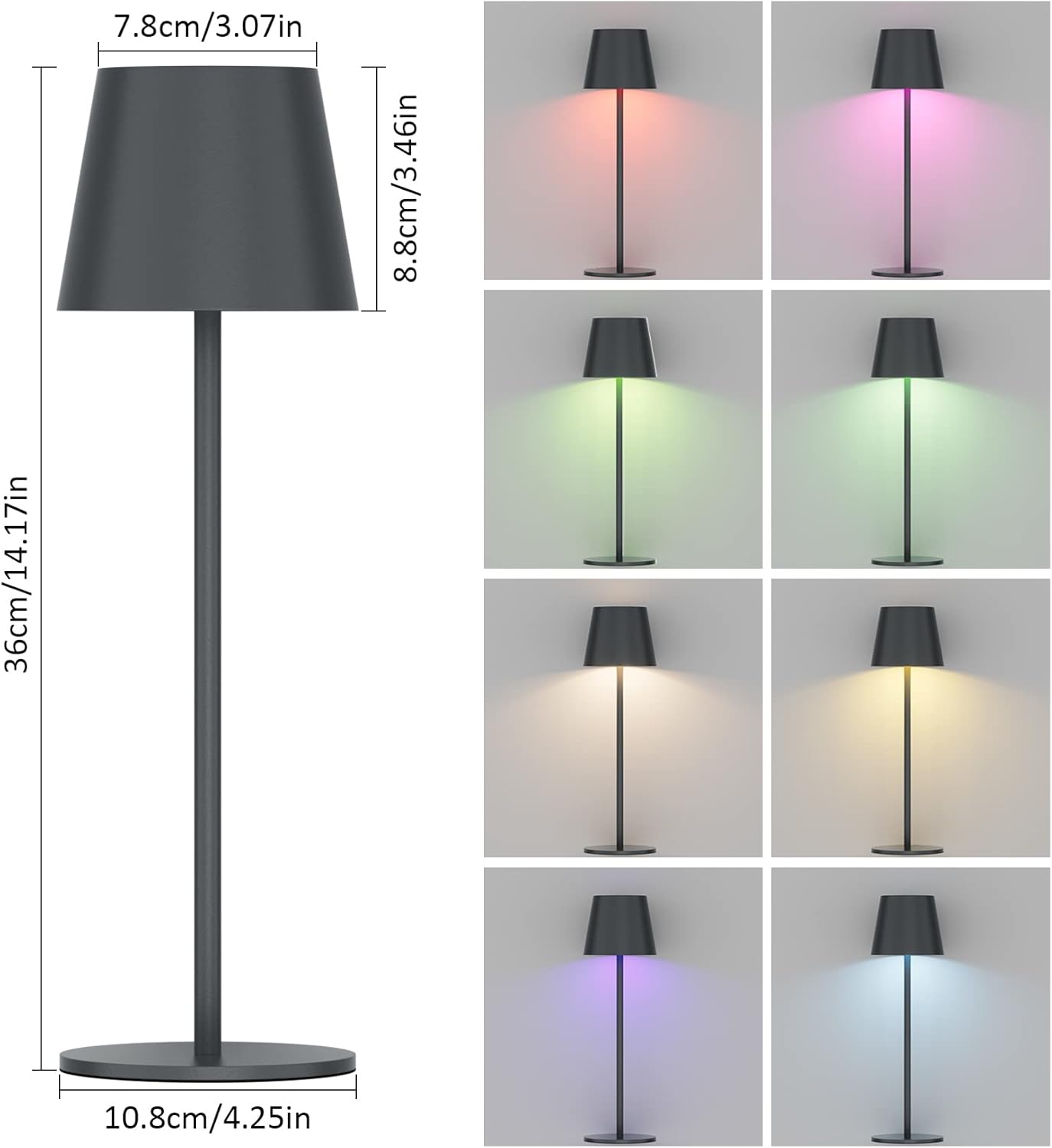 K-Bright 2 Stück LED Dimmbare Akku Tischlampe Kabellose, 3000K+RGB Anthrazit