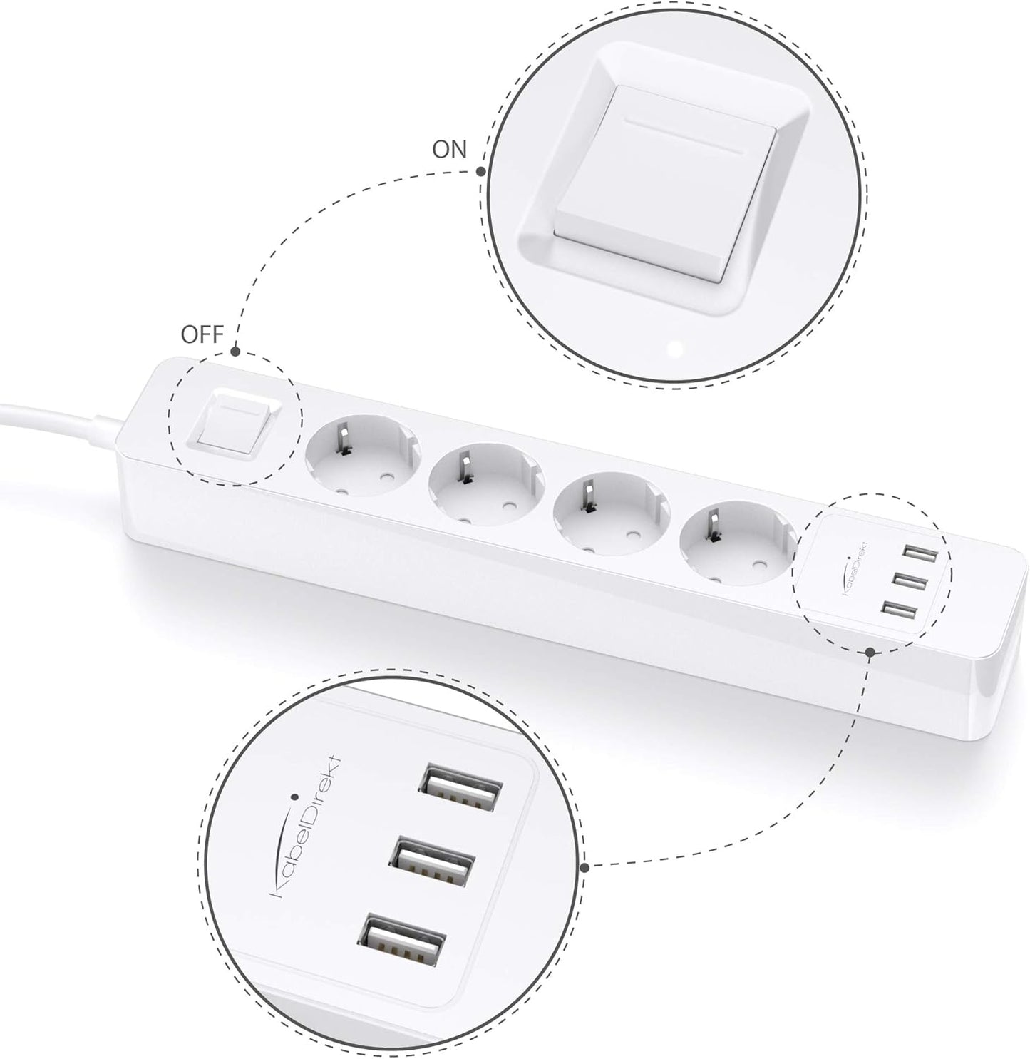 KabelDirekt Prises 4 prises avec protection contre les surtensions Station de charge USB 3 prises (max. 4000 W/250 V/16 A avec protection haute tension, blanc)
