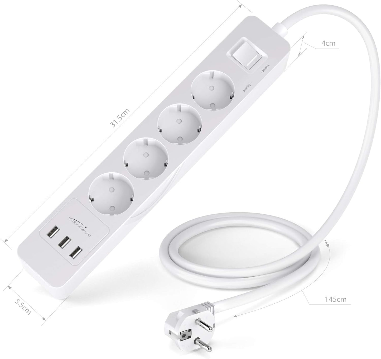 KabelDirekt Prises 4 prises avec protection contre les surtensions Station de charge USB 3 prises (max. 4000 W/250 V/16 A avec protection haute tension, blanc)