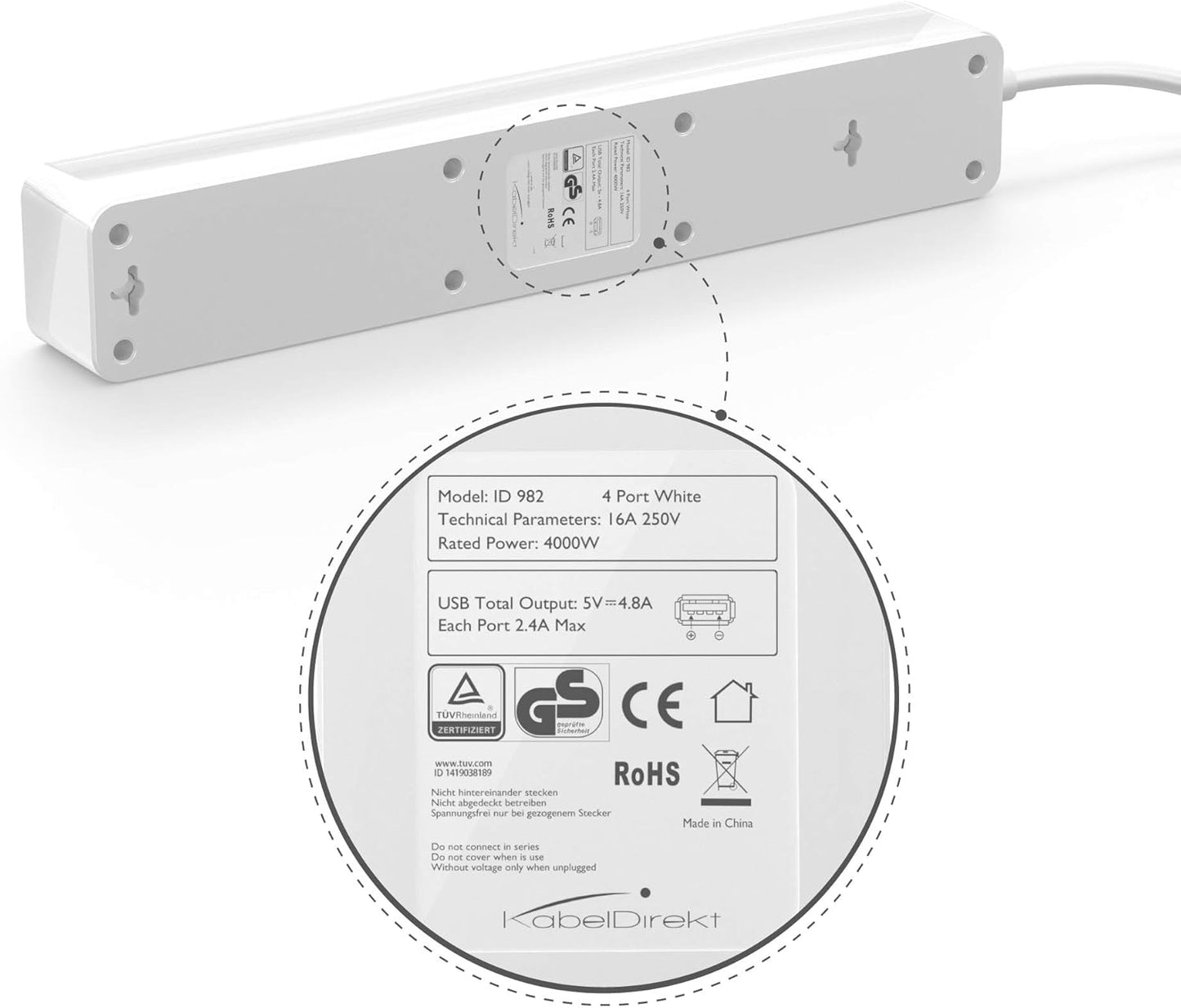 KabelDirekt Prises 4 prises avec protection contre les surtensions Station de charge USB 3 prises (max. 4000 W/250 V/16 A avec protection haute tension, blanc)
