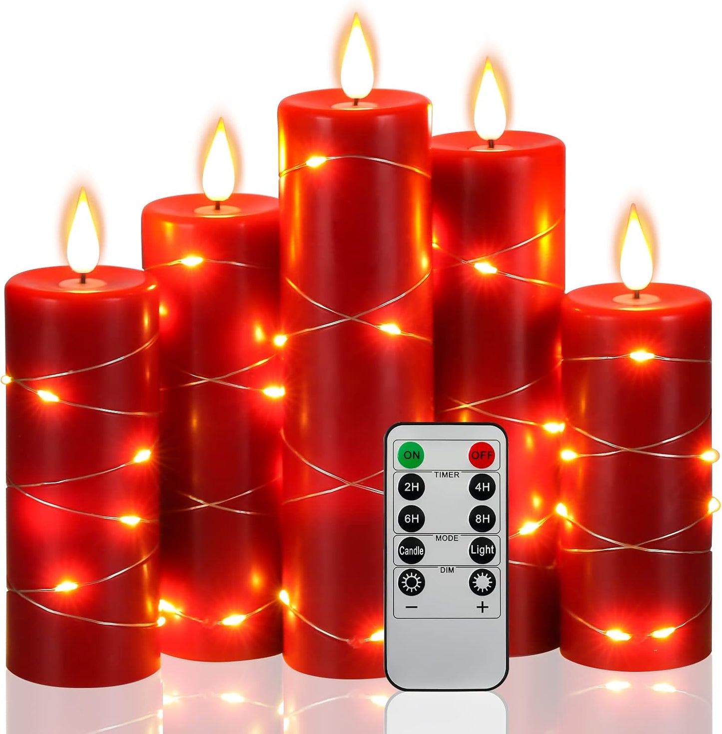 LED Kerzen, 5 Stück, LED-Lichterkette, 360 mit 10-Tasten-Fernbedienung rot