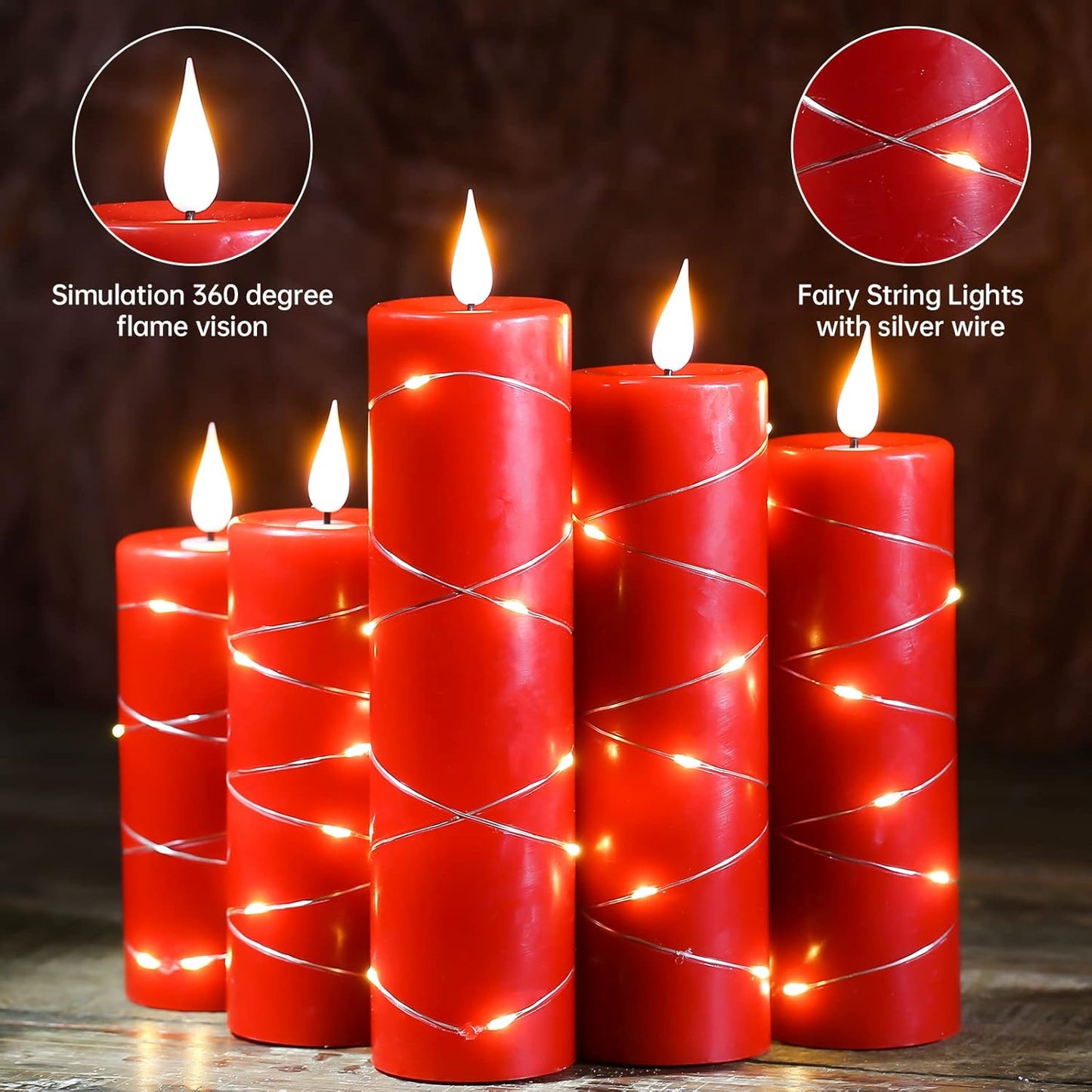 LED Kerzen, 5 Stück, LED-Lichterkette, 360 mit 10-Tasten-Fernbedienung rot