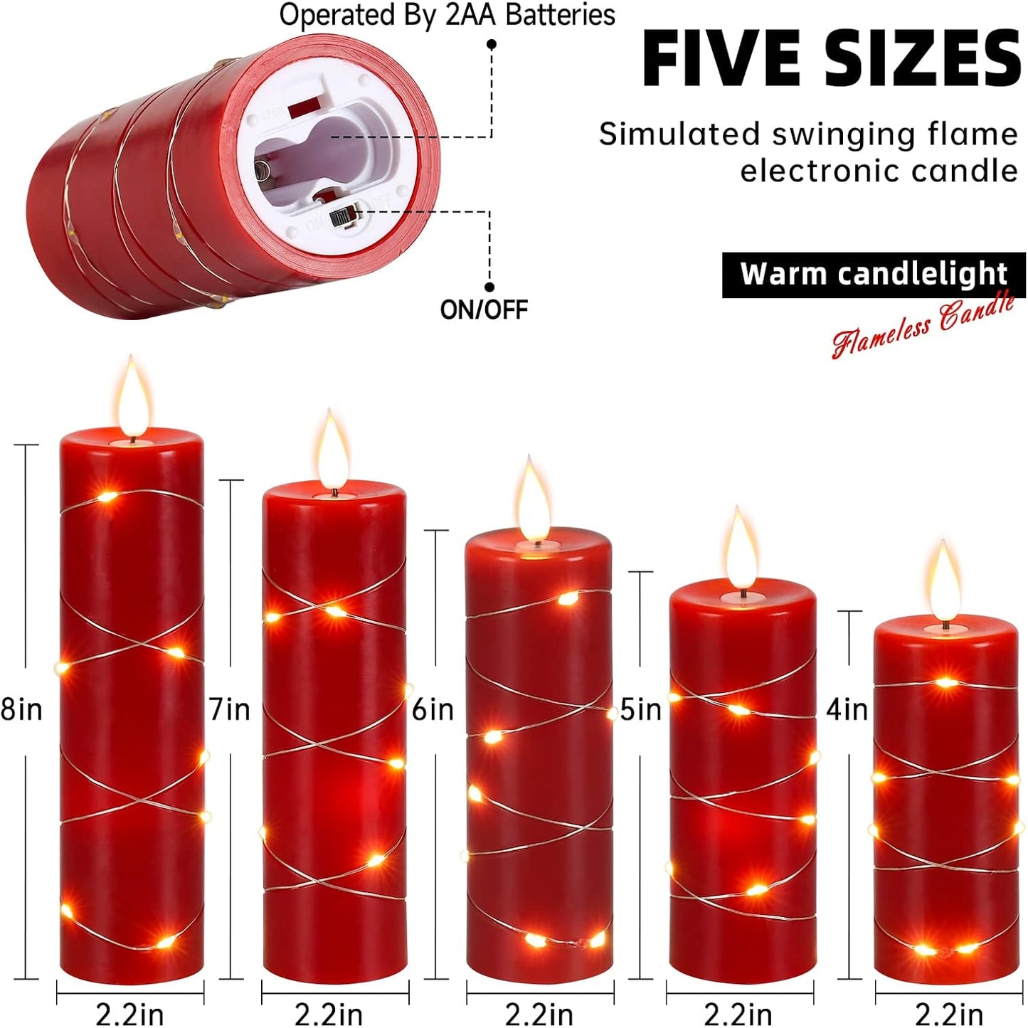 LED Kerzen, 5 Stück, LED-Lichterkette, 360 mit 10-Tasten-Fernbedienung rot