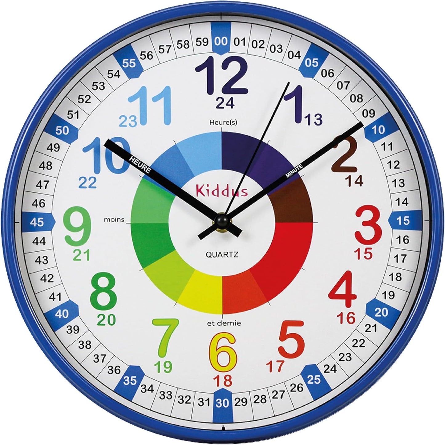 Kiddus Time Teacher Wanduhr für Kinder. 30cm Analoger Zeitlehrer mit Zeit Lernübungen. Stilles Uhr. Viele Sprachen. Blau