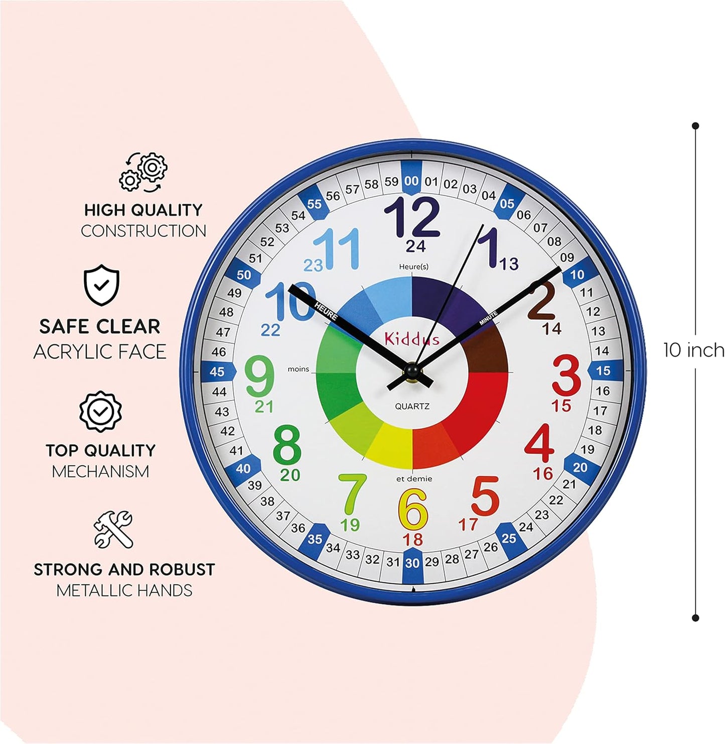 Kiddus Time Teacher Wanduhr für Kinder. 30cm Analoger Zeitlehrer mit Zeit Lernübungen. Stilles Uhr. Viele Sprachen. Blau