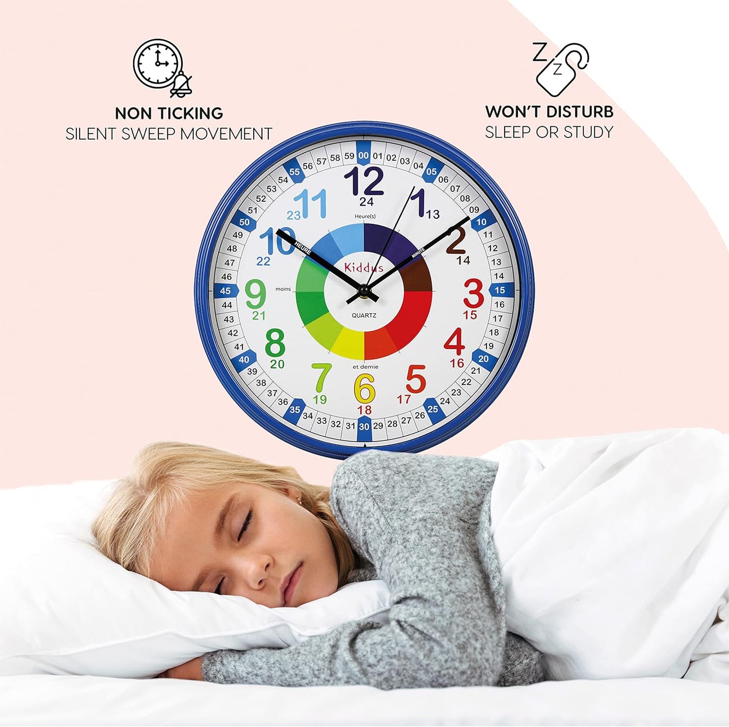 Kiddus Time Teacher Wanduhr für Kinder. 30cm Analoger Zeitlehrer mit Zeit Lernübungen. Stilles Uhr. Viele Sprachen. Blau