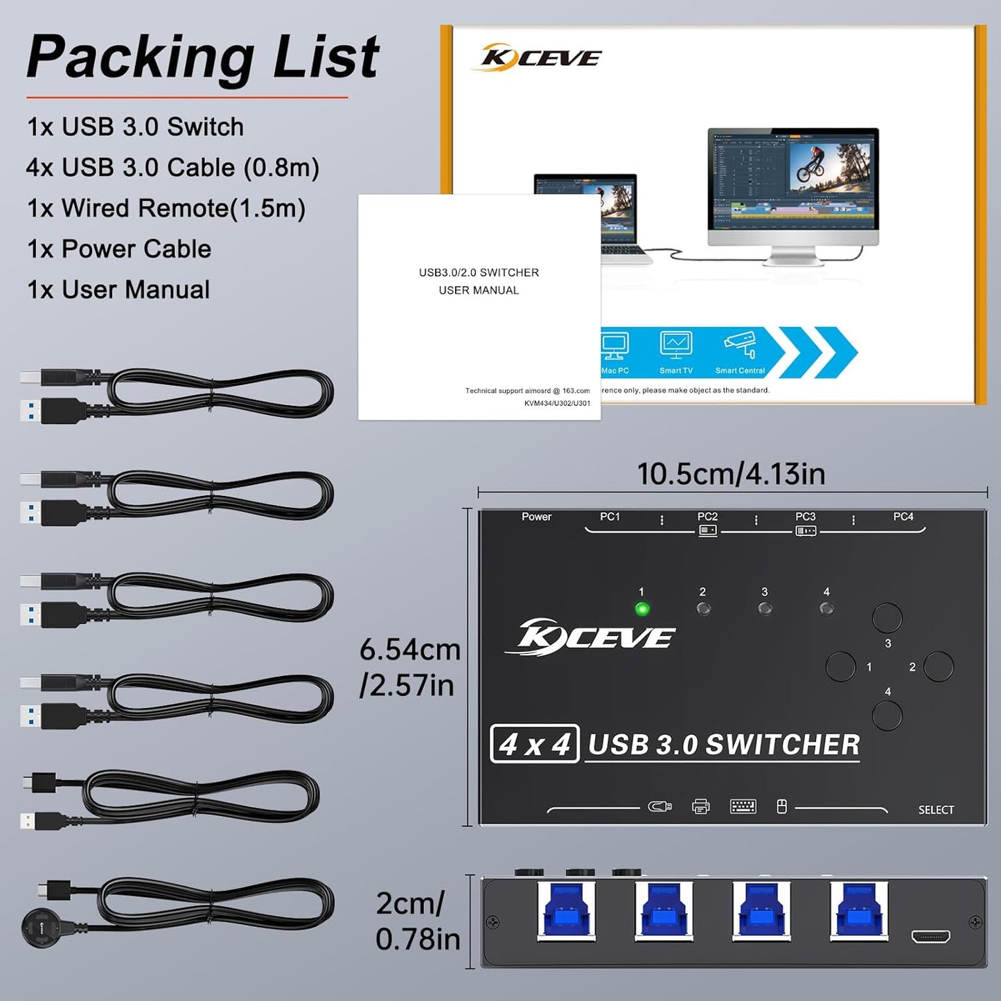 KCEVE USB 3.0 Switch 4 PC, MLEEDA 4 Port USB Switch Selector für 4 Computer teilen 4 USB-Geräte, Tastatur Maus Switch, USB Switcher mit Kabelfernbedienung und 4 Standard-USB-B-Kabeln