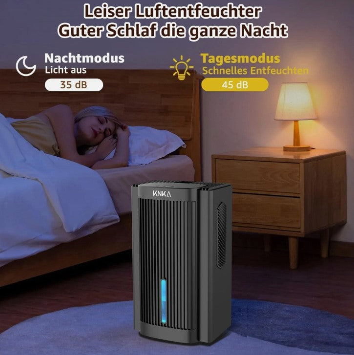 KNKA Luftentfeuchter, Leiser Luftentfeuchter, 1,1 l/Tag, für Wohnungen und Räume unter 30 m², mit Schlafmodus, Feuchtigkeitsschutz und Verbrauch