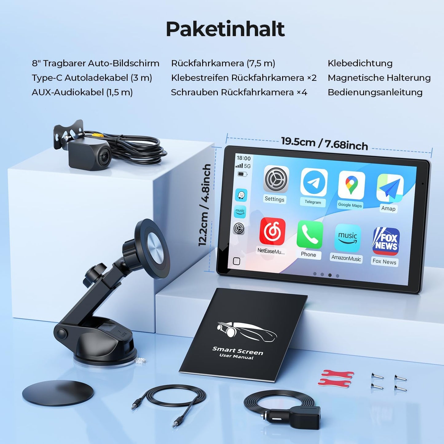Krunia 8'' Tragbares Carplay Display für Apple CarPlay & Android Auto, Rückfahrkamera 1440x900 HD