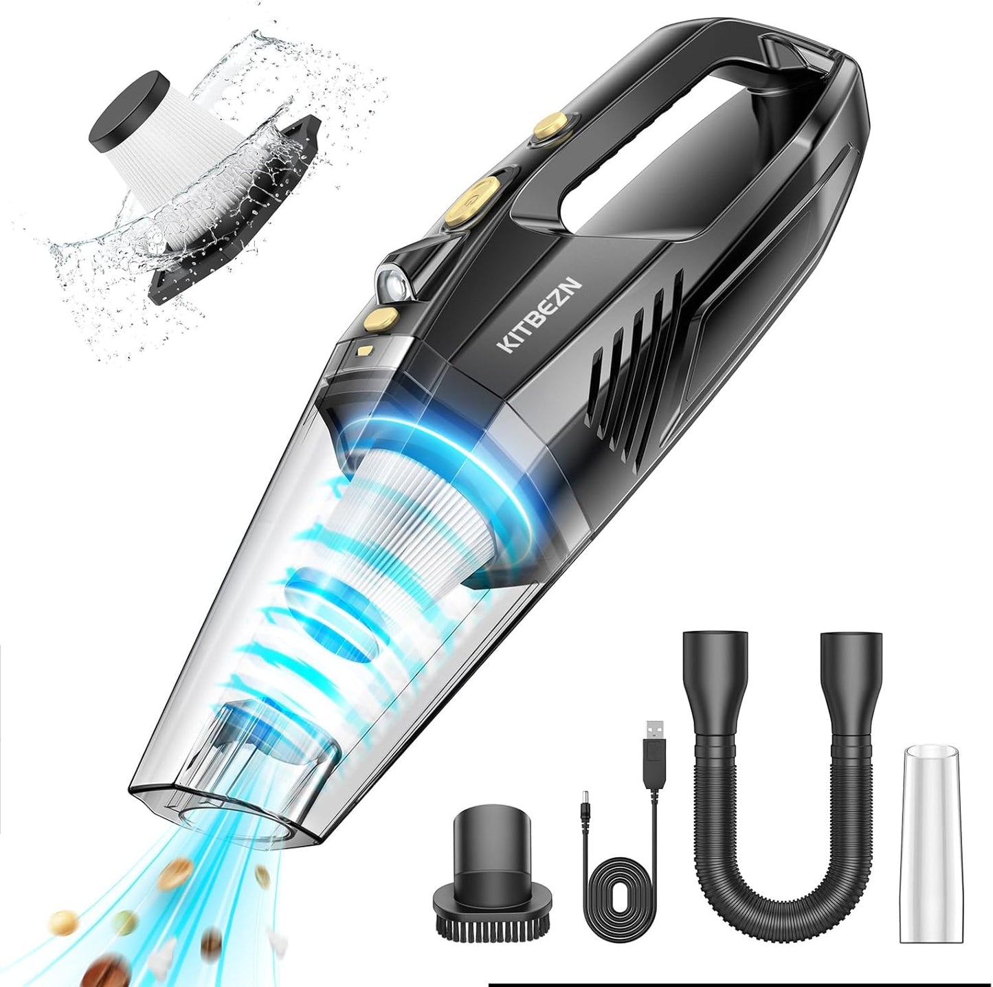KITBEZN Handstaubsauger, Kabellos 12000PA USB Aufladbar Tragbar Leicht Mini Staubsauger, Nass und Trocken