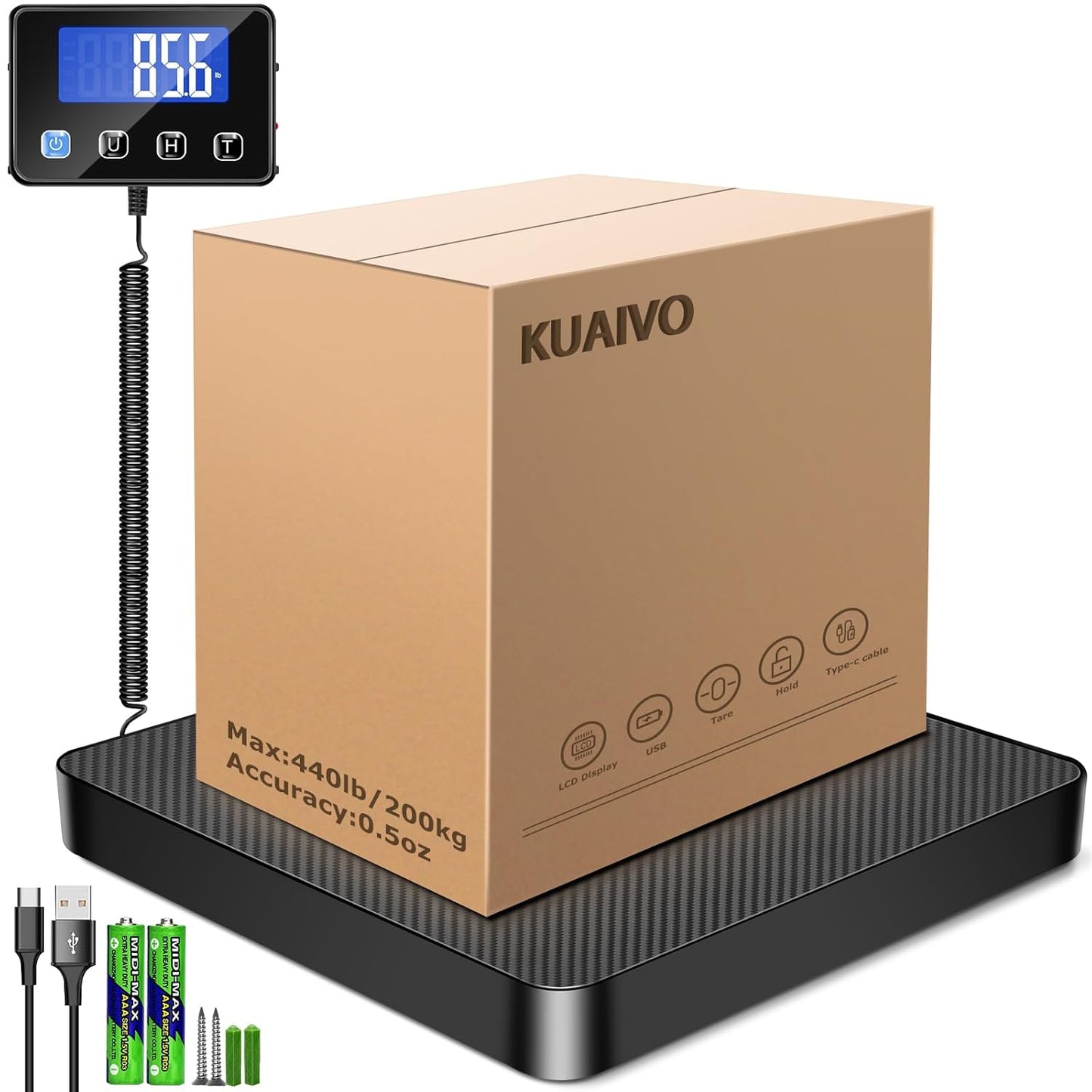 KUAIVO Postwaage P2H 200kg x 10g Hochpräzise LCD Display Paketwaage mit Halte und Tara Funktion
