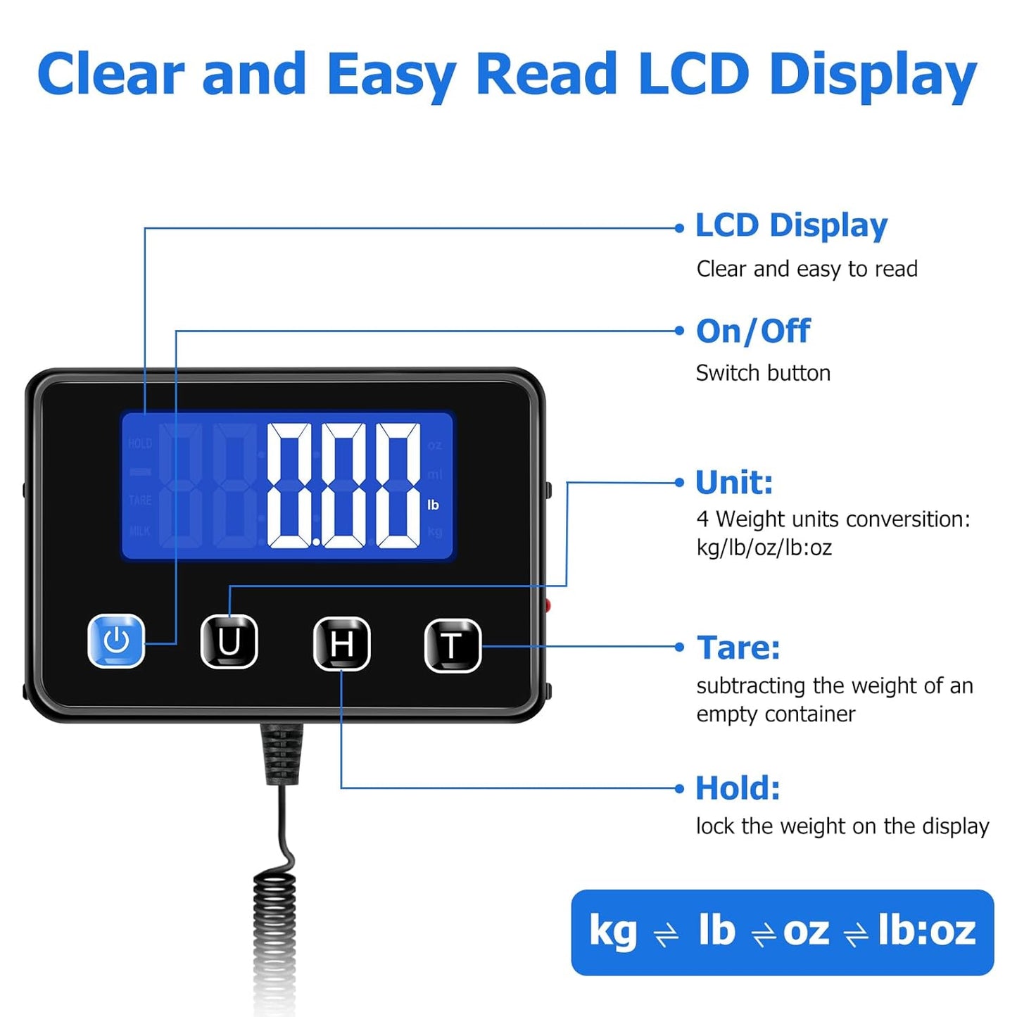 KUAIVO Postwaage P2H 200kg x 10g Hochpräzise LCD Display Paketwaage mit Halte und Tara Funktion