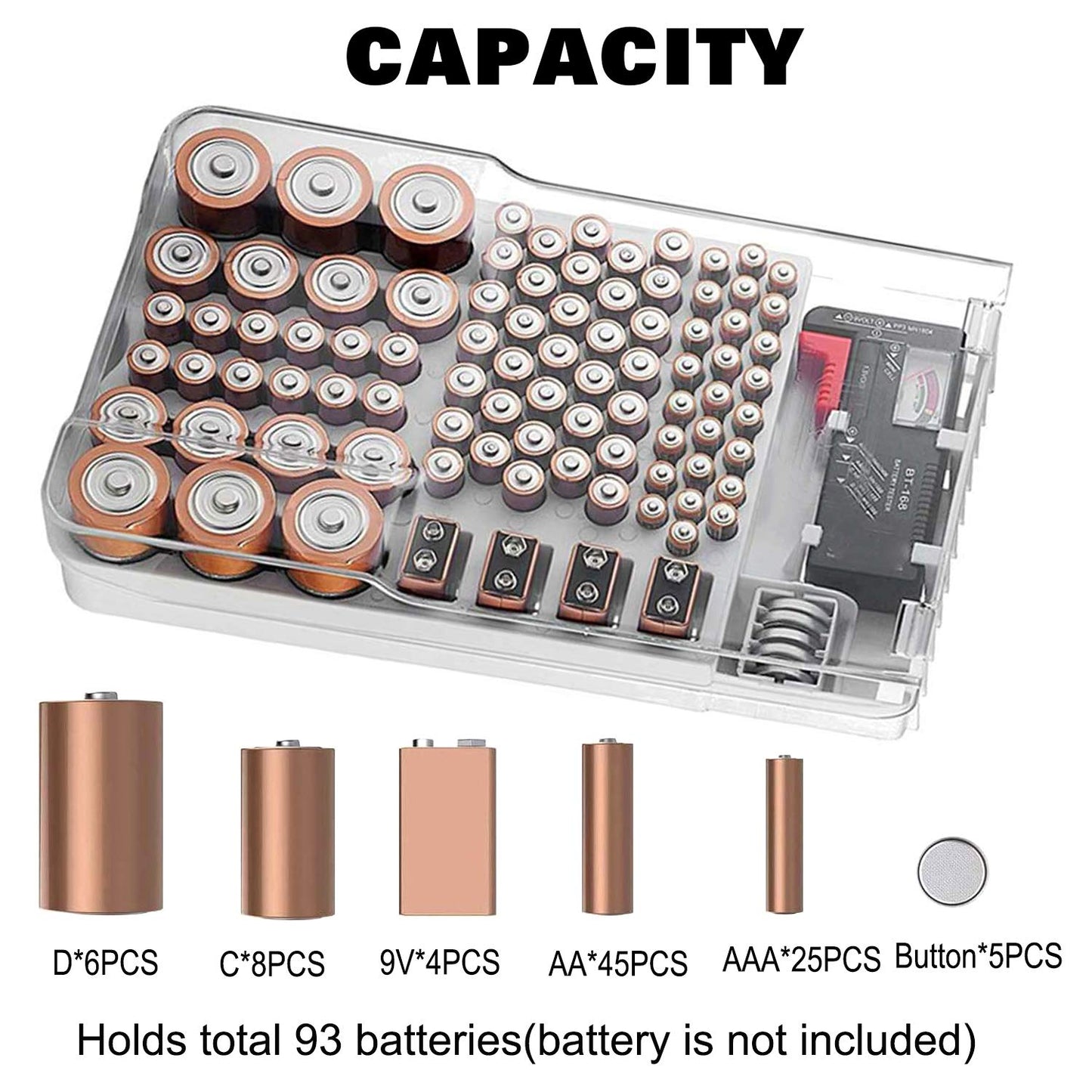 Kyrio Batterie Organizer Aufbewahrung mit herausnehmbarem Batterietester,hält 93 Batterien