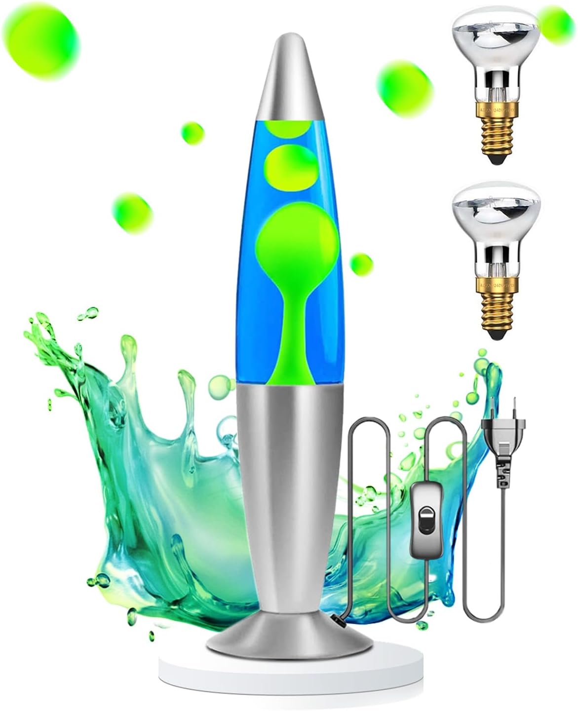 Lavalampe 13,5 Zoll Retro Rocket, Grün Wachs/Blau Wasser 1,85M Drähte
