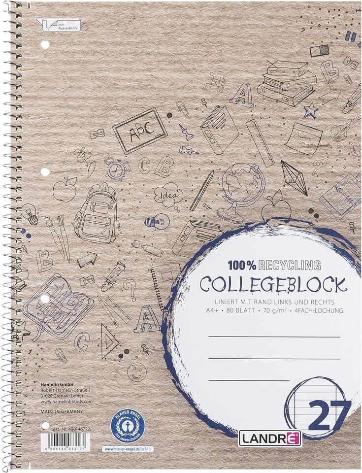 10 x LANDRÉ Collegeblock Recycling, DIN A4, lineart, 80 Blatt