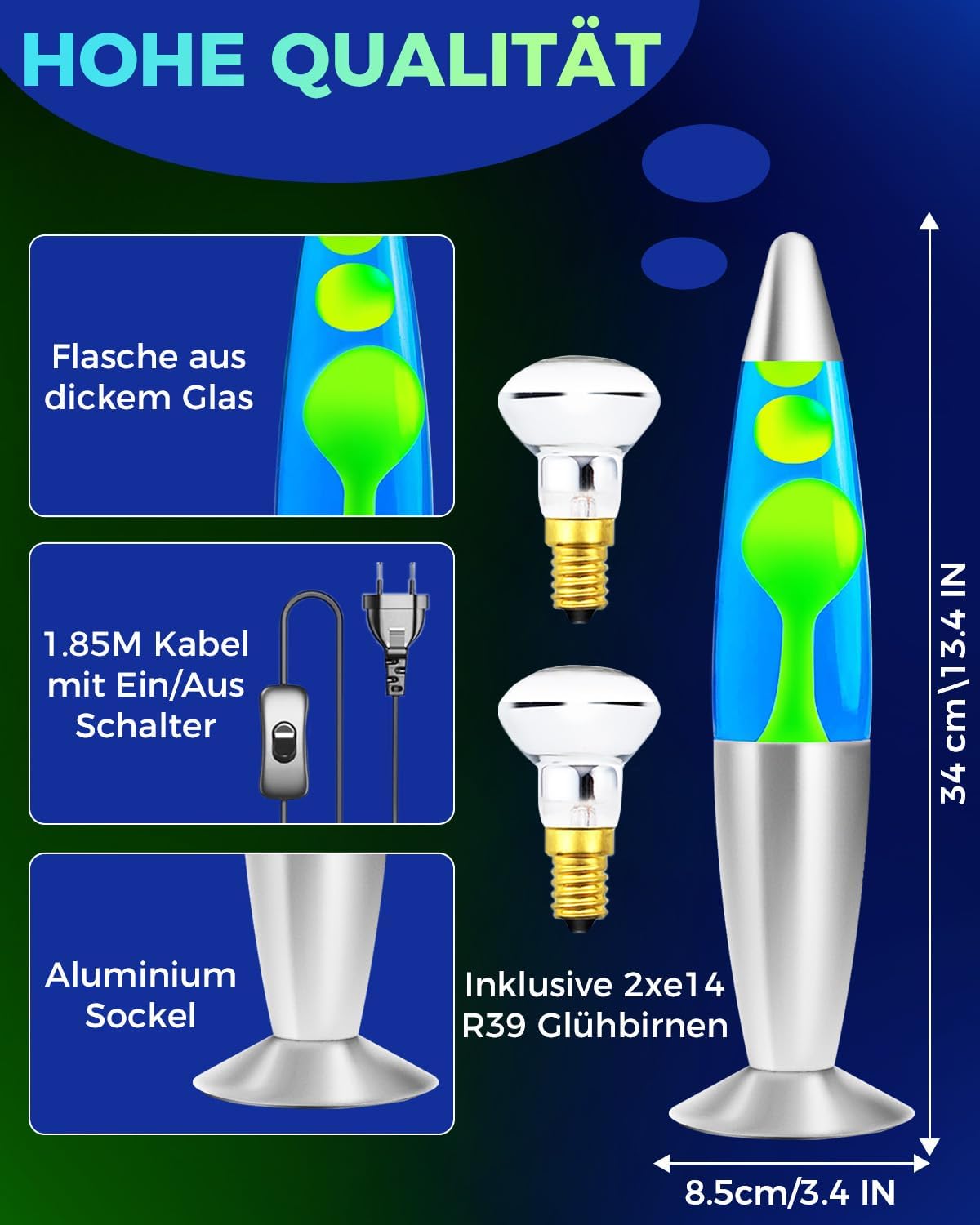Lavalampe 13,5 Zoll Retro Rocket, Grün Wachs/Blau Wasser 1,85M Drähte