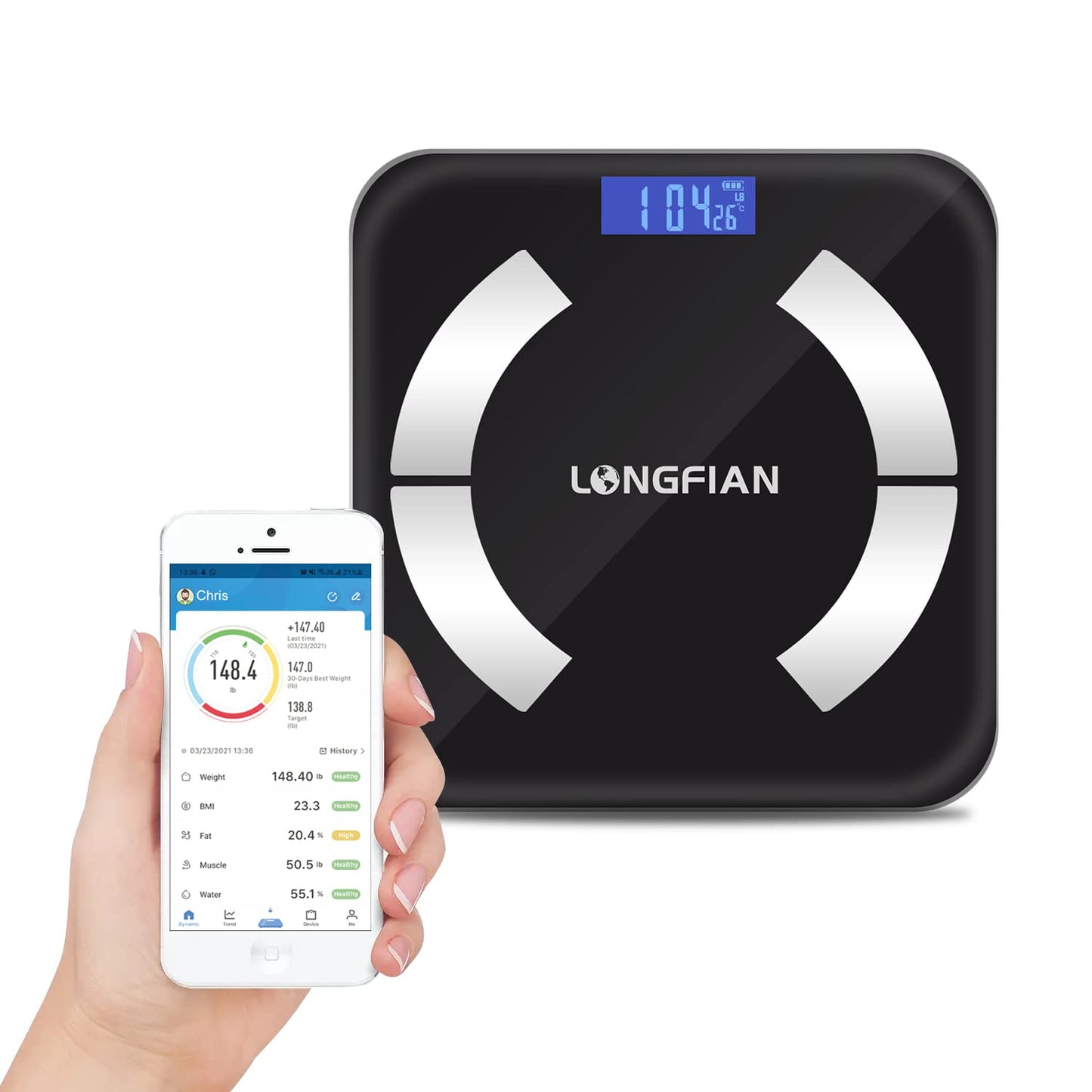 LONGFIAN Intelligente Waage für Körperfettwaage,Personenwaage mit APP
