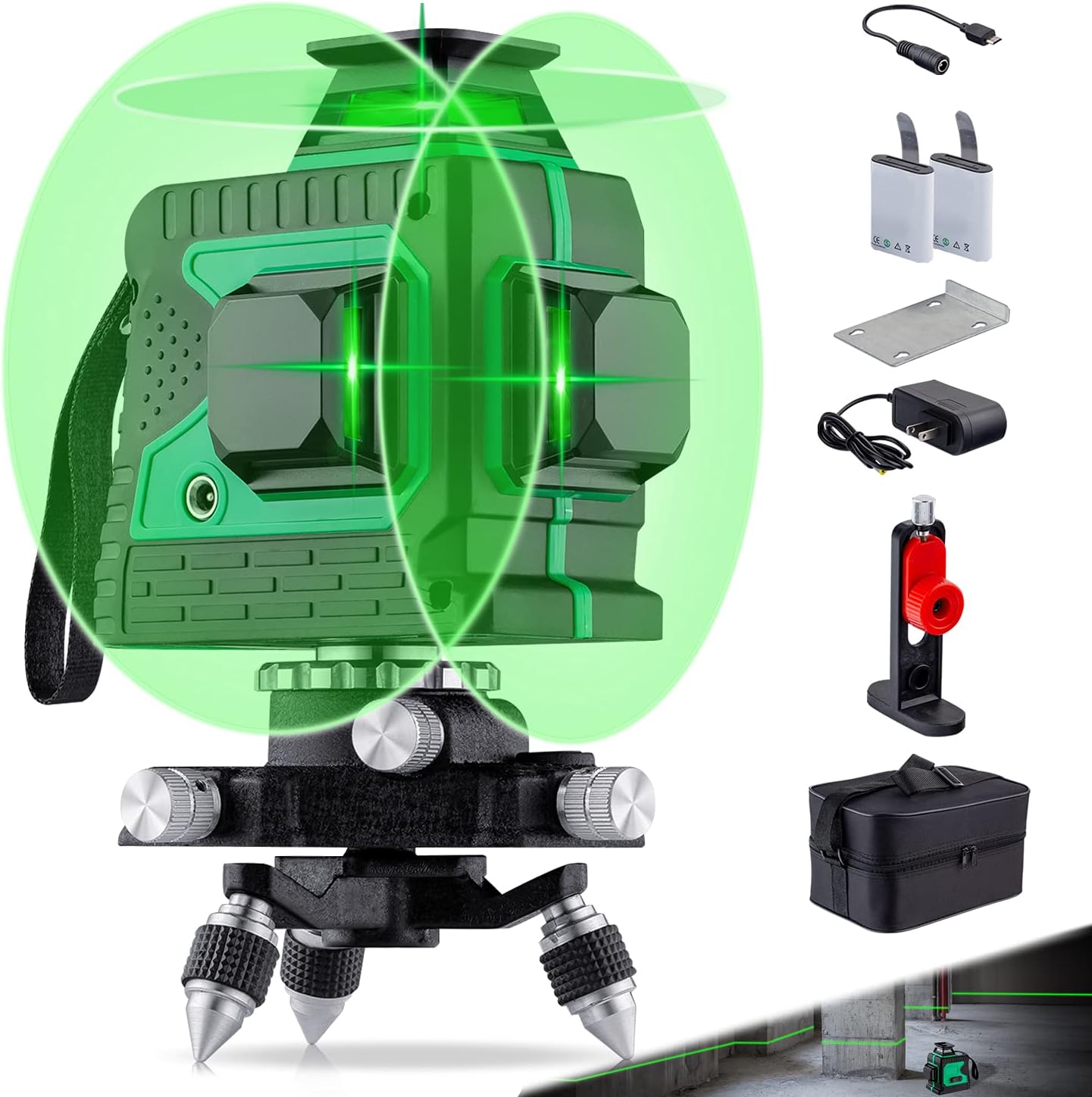 Laser-Nivelliergerät, 12 Linien, automatisch, Kreuzlinienlaser, 3 x 360°, nachfüllbar, grün,