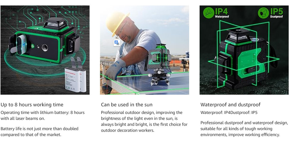 Laser-Nivelliergerät, 12 Linien, automatisch, Kreuzlinienlaser, 3 x 360°, nachfüllbar, grün,