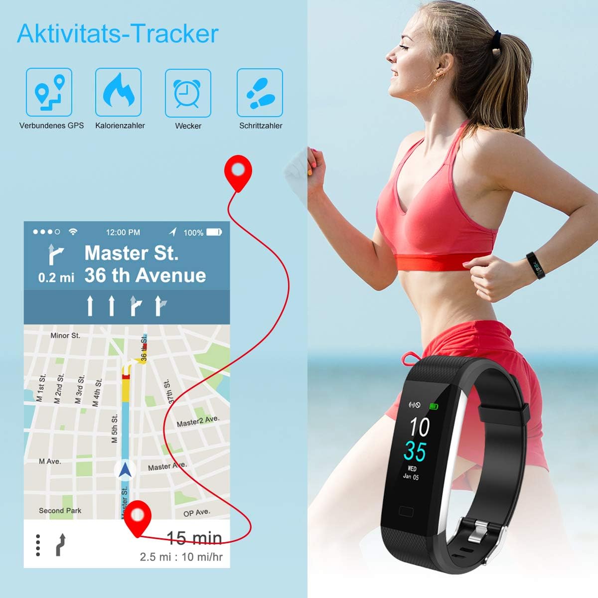 LEBEXY Fitness Armband Wasserdicht | Smartwatch Fitness Tracker Uhr mit Schrittzähler, S1-Version (Schwarz)