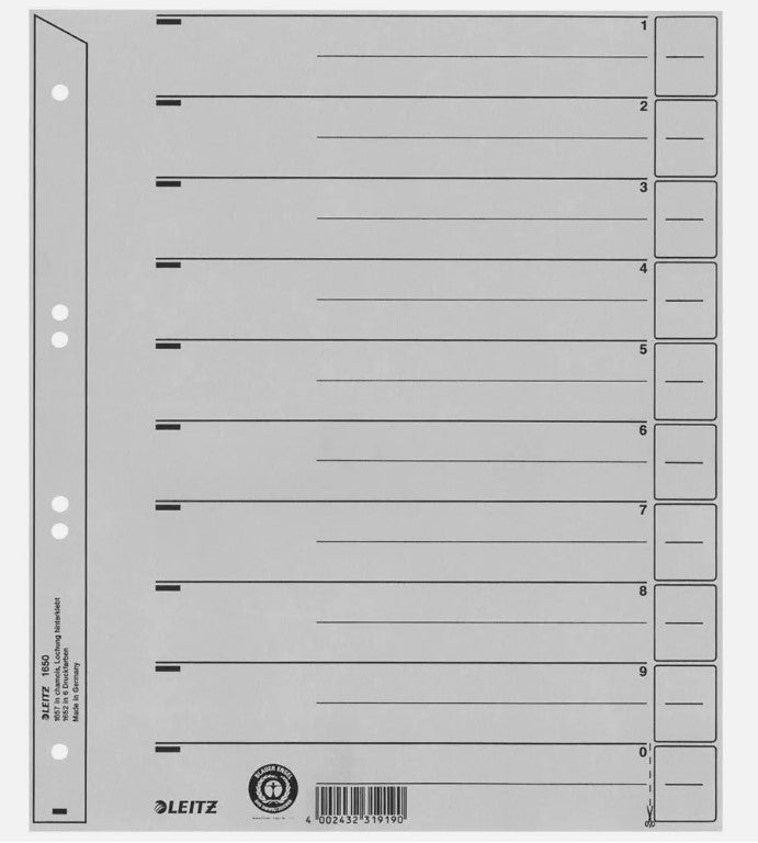 1000 x LEITZ Trennblätter 1650 1-0 grau, (1000 Stück im Pack)