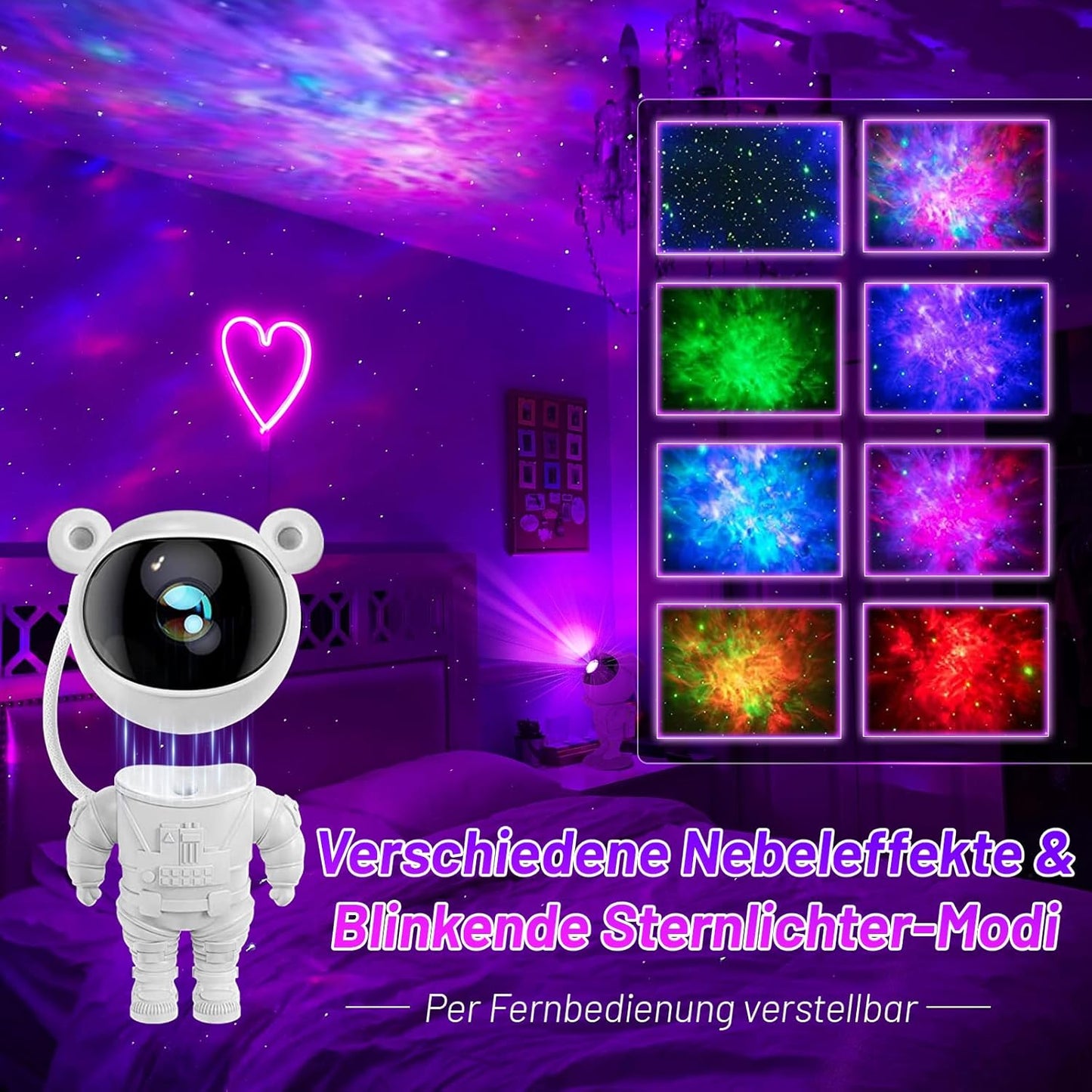 Sternenprojektor mit Astronaut & Galaxie, 360° rotierend, mit Fernbedienung/Timer
