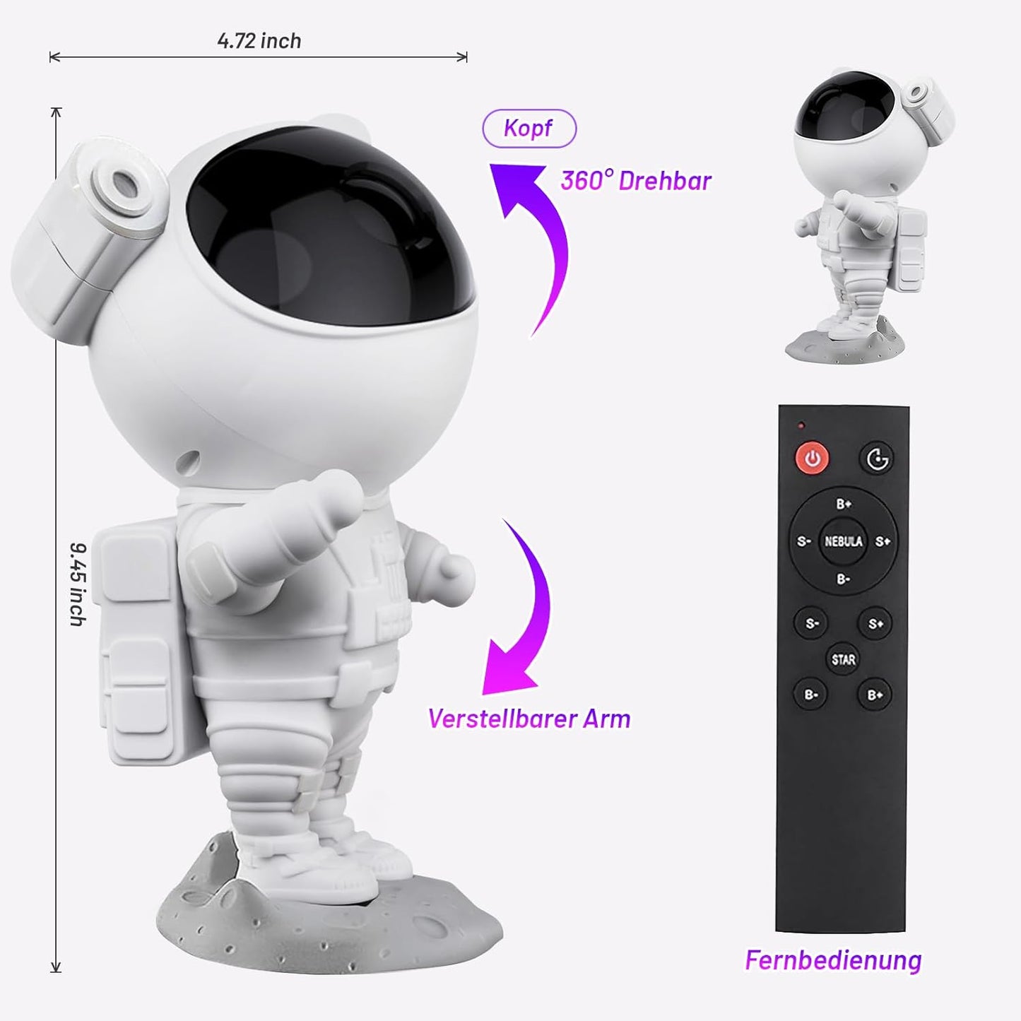 Sternenprojektor mit Astronaut & Galaxie, 360° rotierend, mit Fernbedienung/Timer