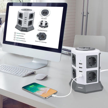 Bloc d'alimentation Lidlife TP-VA4U8E (8 boîtiers, 4 tiroirs USB, câble de 2 m, protection contre les surtensions, 2 500 W, blanc)
