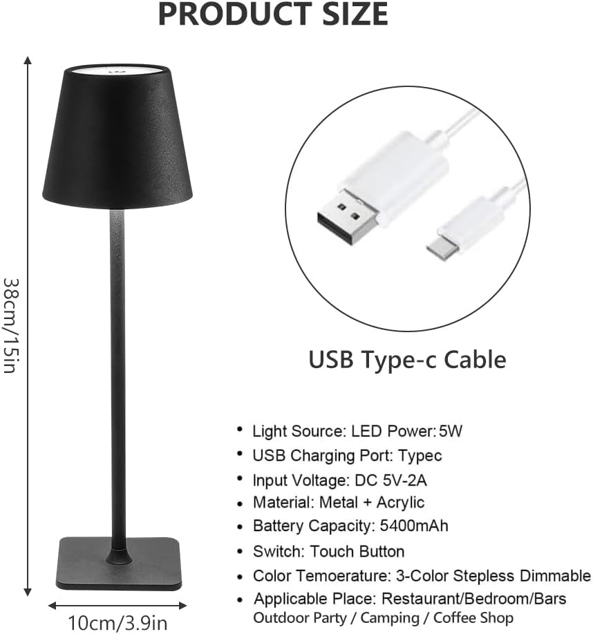 Lotvic LED Akku Tischleuchte,Tischlampe, IP54, Kabellos Dimmbar Touch, 5400 mAh, USB-C Wiederaufladbar, Schwarz