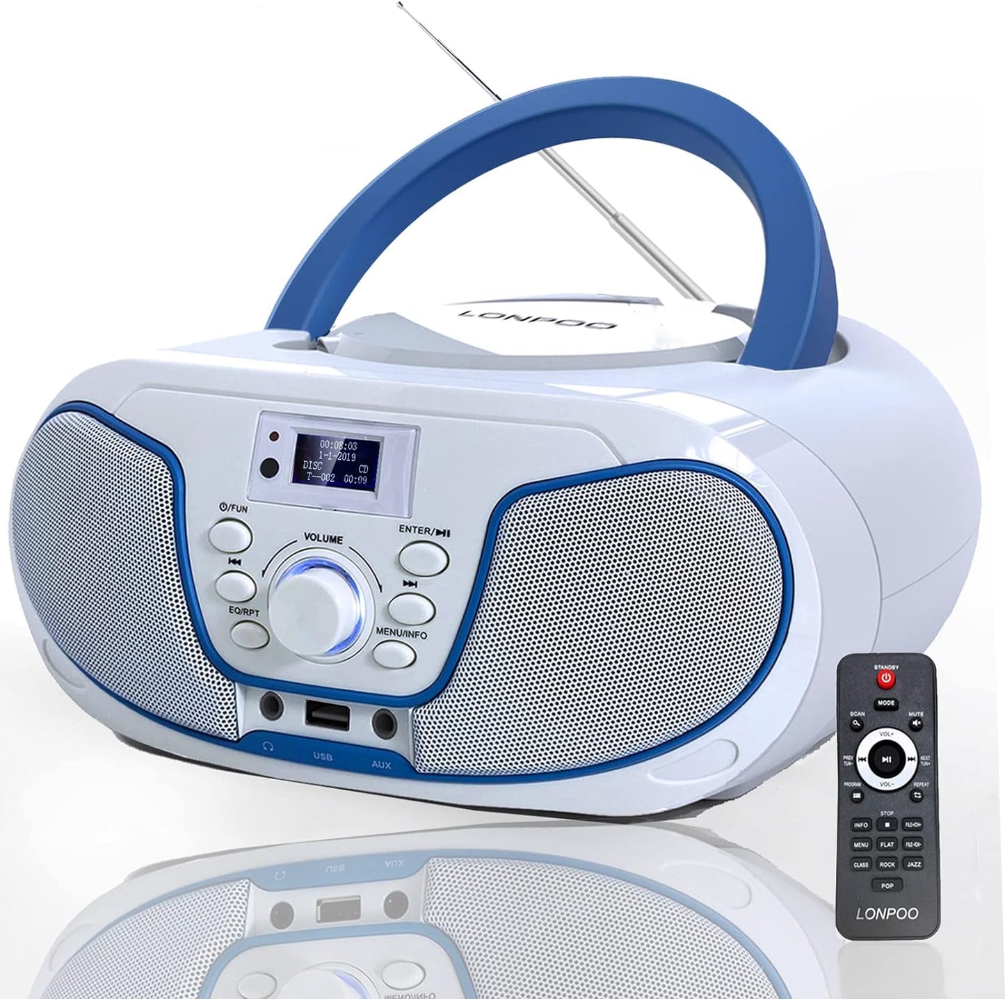 Radio Boombox DAB+ LONPOO, lecteur CD échangeable, Bluetooth, radio UKW, entrée USB, entrée AUX, télécommande, 2 x 2 W RMS stéréo Boombox (blanc)