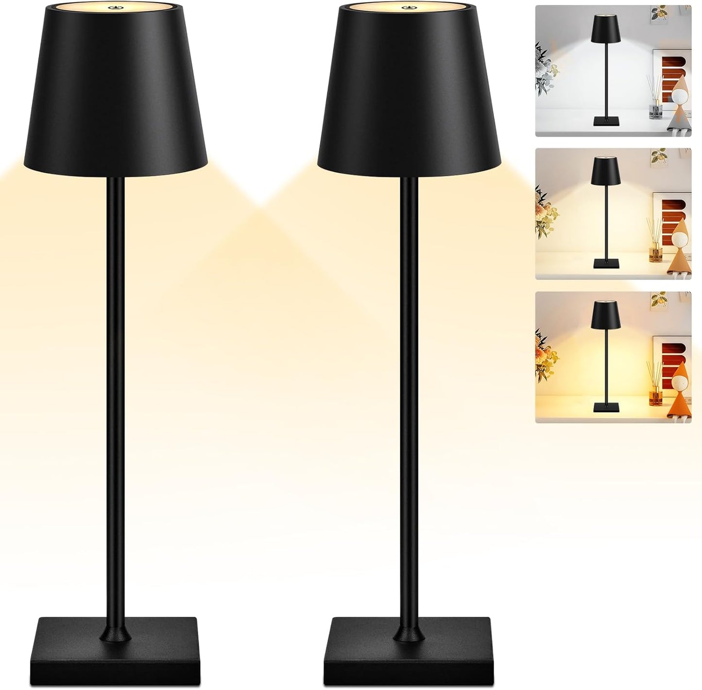 LIUWID 2 Stück kabellose wiederaufladbare LED Tischlampe, 5200 mAh mit 3 Farbmodi Schwarz