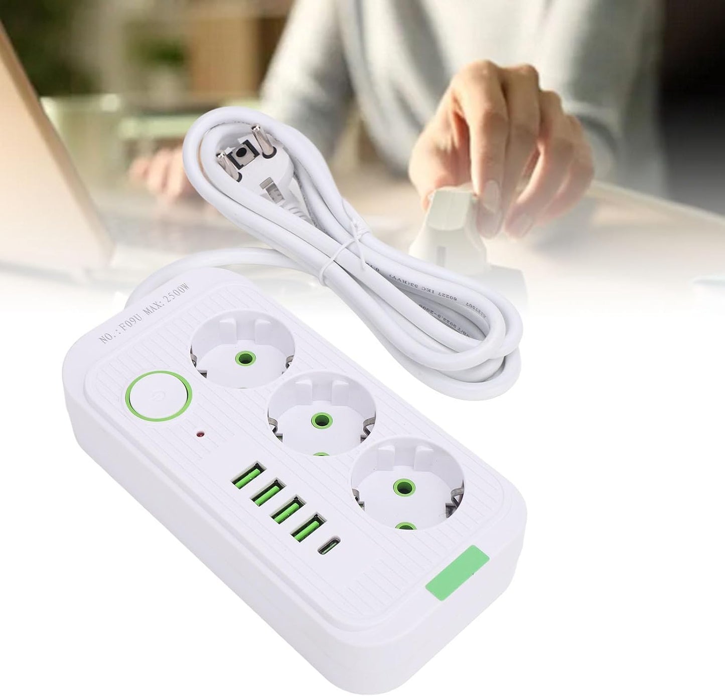 LUFEIS 4-Port USB A 3-Buchse 8 in 1 Steckdosenleiste mit breiter Anwendung und 2 m Kabel weiß