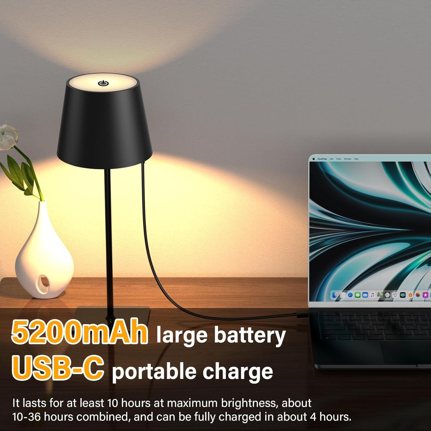 LIUWID 2 Stück kabellose wiederaufladbare LED Tischlampe, 5200 mAh mit 3 Farbmodi Schwarz
