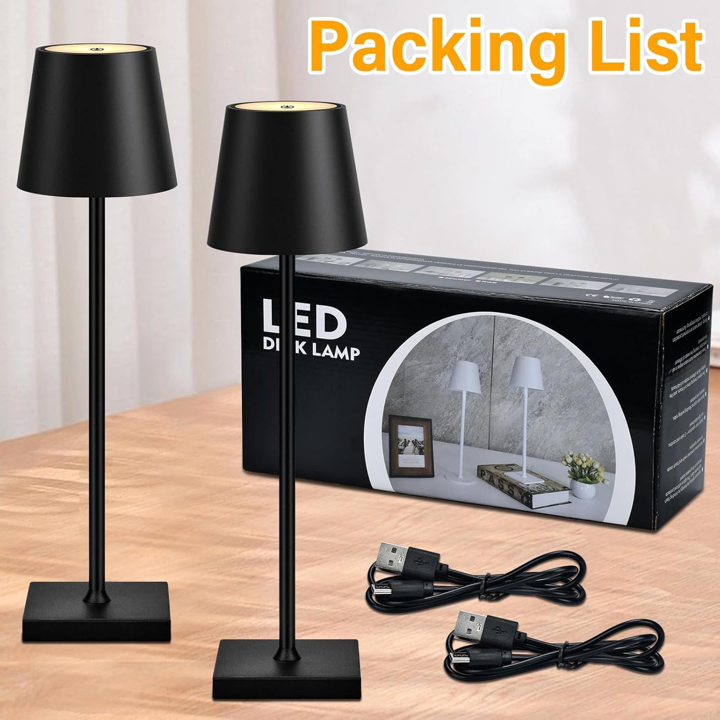 LIUWID 2 Stück kabellose wiederaufladbare LED Tischlampe, 5200 mAh mit 3 Farbmodi Schwarz