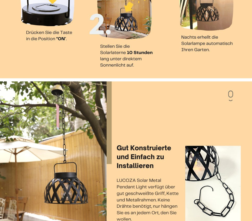 LUCOZA Solar Hängelampe aus Metall, Wasserdicht für Außen, Dekorative Industrielle Vintage Groß Gartenlaterne Windlicht Dekor