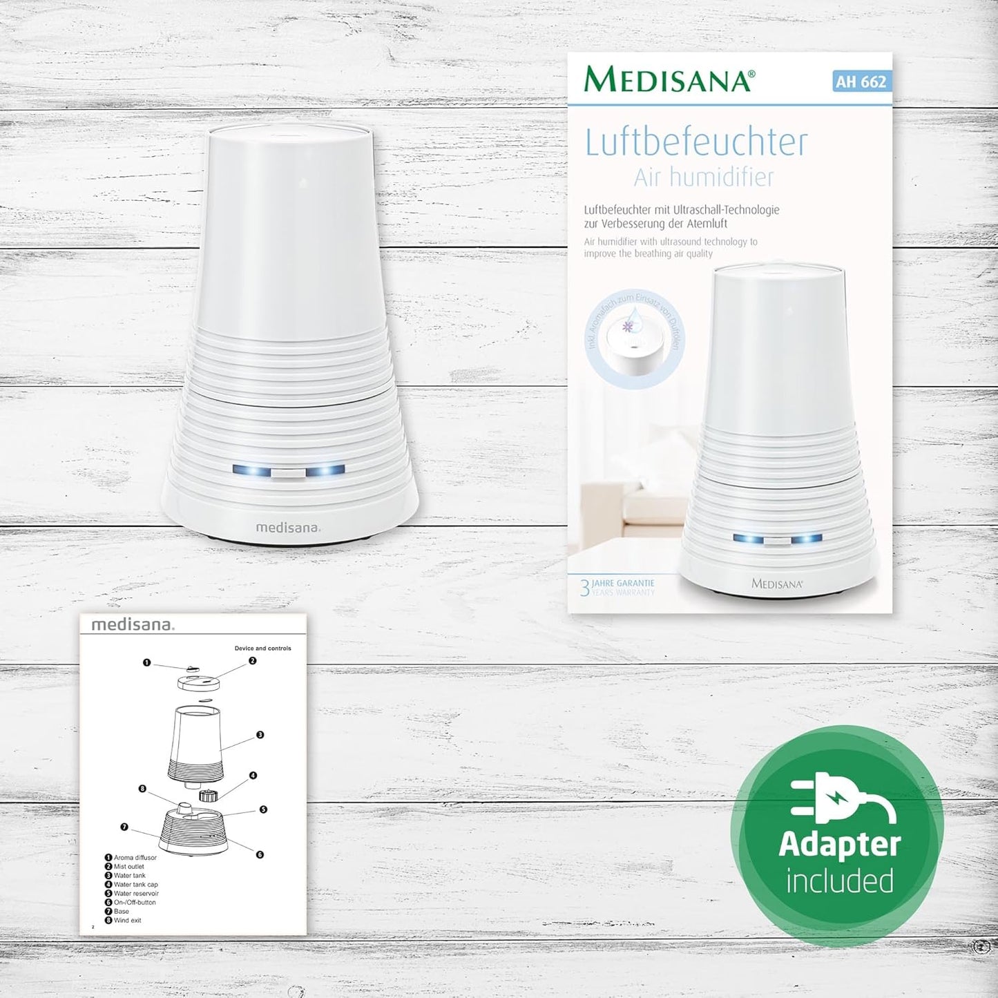 Medisana AH 662 Ultraschall Airbefeuchter Purificateur d'air 900 ml 15 Stunden Laufzeit, Blanc