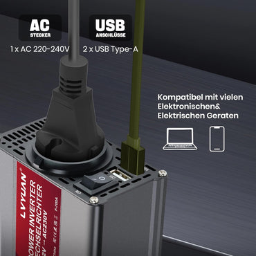 LVYUAN 700W Wechselrichter DC 12V auf 230V AC Spannungswandler Auto Konverter