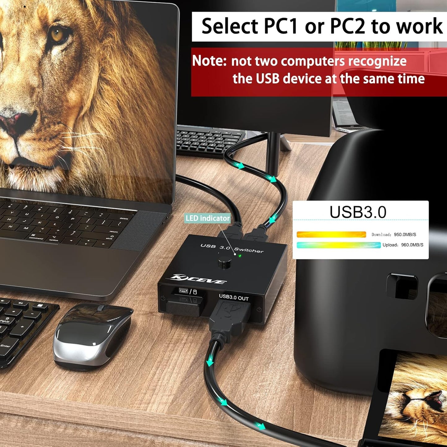 MLEEDA USB 3.0-Switch, 2-in-2-Out-USB-Switcher für 2 Computer,