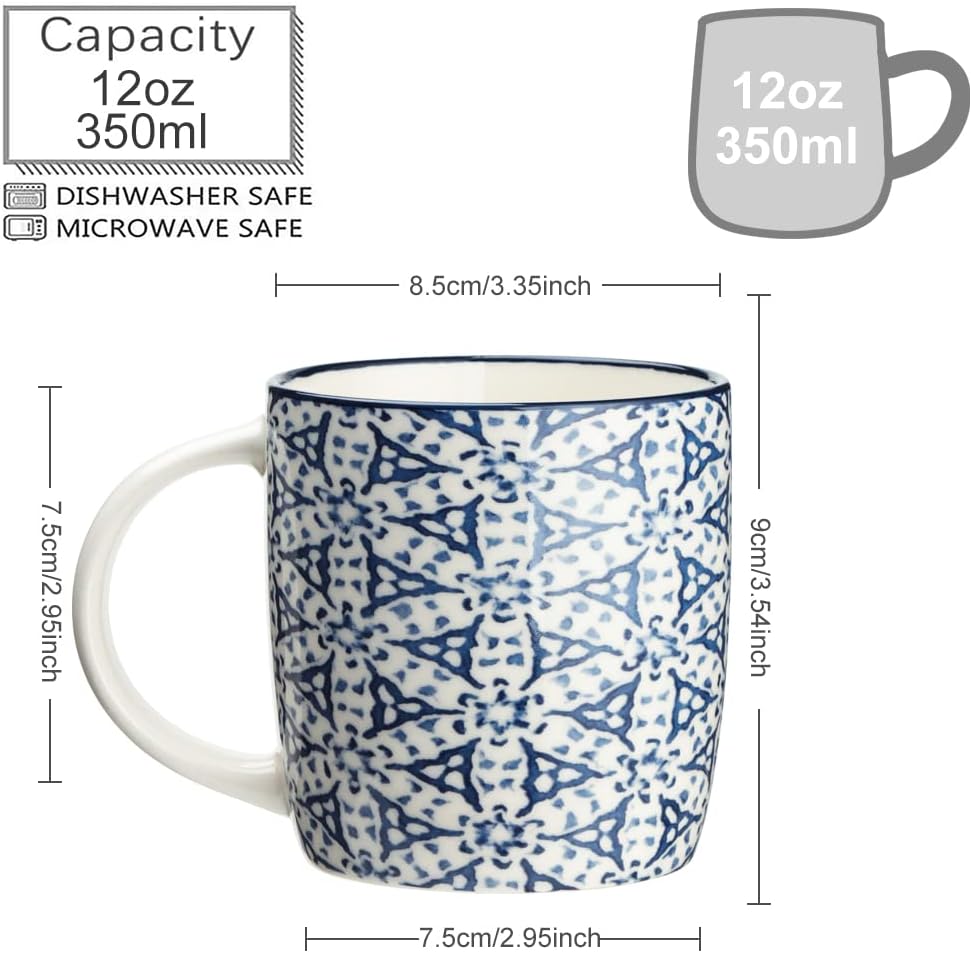 MACHUMA Kaffeetassen mit blauen und weißen geometrischen Mustern, 340 ml