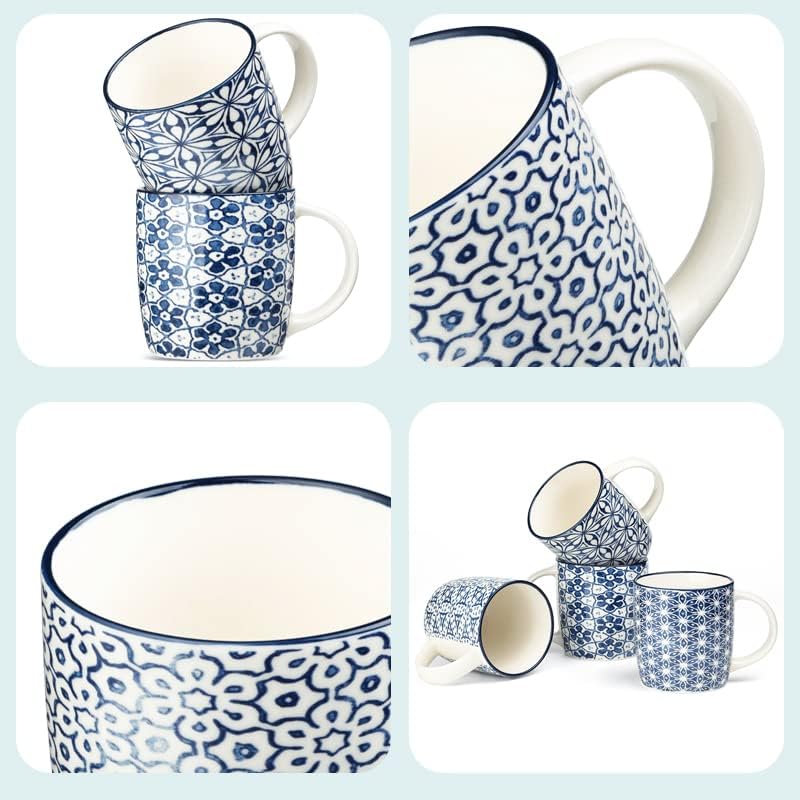 MACHUMA Kaffeetassen mit blauen und weißen geometrischen Mustern, 340 ml
