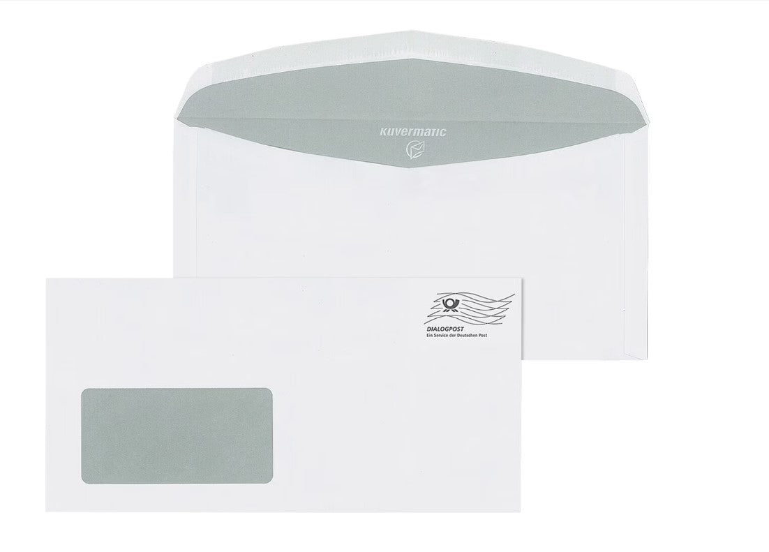 Briefumschläge Mailmedia, DIN lang+ 75 g/m² mit Fenster, nassklebend - 1000 Stück