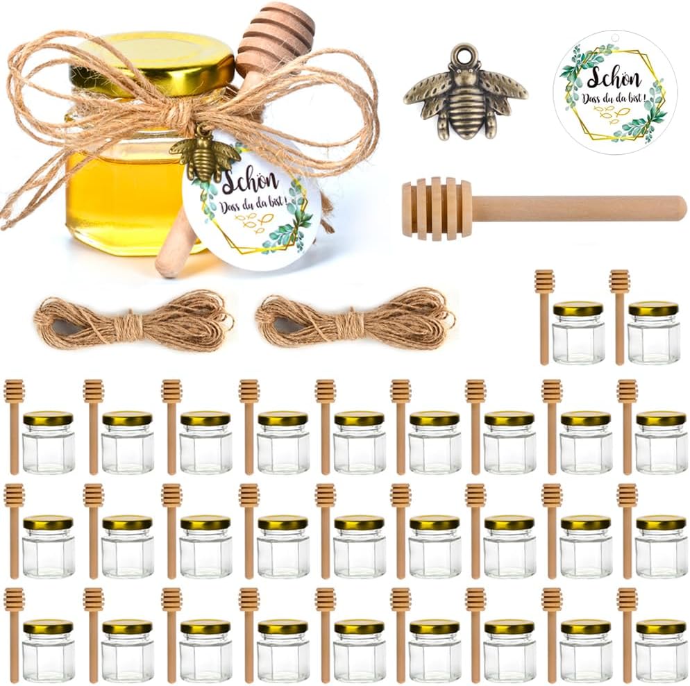 MAOOY 30Stück Hexagon Mini Glas Honig 45ml,Honiggläser mit Holzschöpflöffel+Eukalyptus Etiketten+Bienen Charms 20m Hanfseil Marmeladengläser