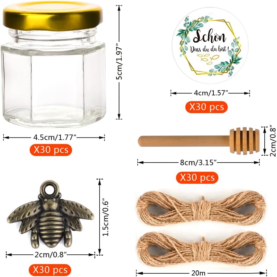 MAOOY 30Stück Hexagon Mini Glas Honig 45ml,Honiggläser mit Holzschöpflöffel+Eukalyptus Etiketten+Bienen Charms 20m Hanfseil Marmeladengläser
