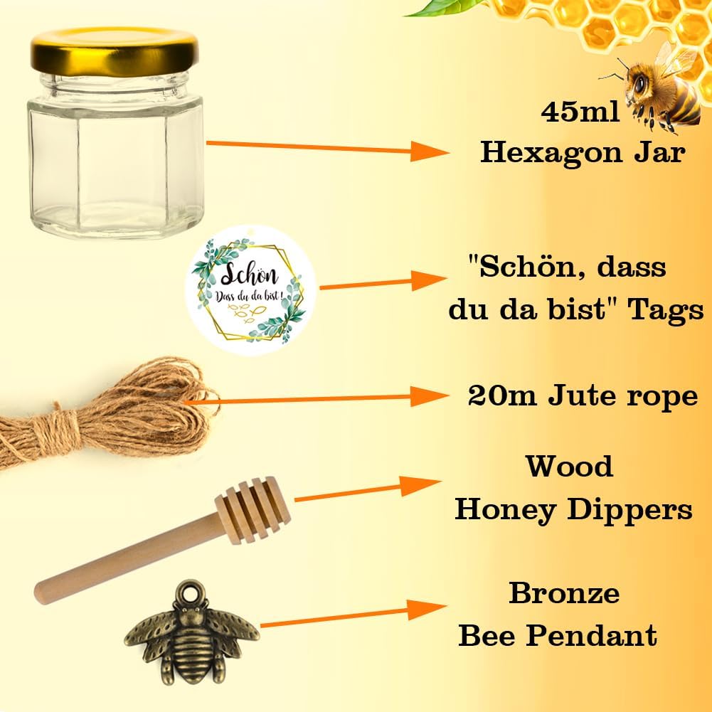 MAOOY 30Stück Hexagon Mini Glas Honig 45ml,Honiggläser mit Holzschöpflöffel+Eukalyptus Etiketten+Bienen Charms 20m Hanfseil Marmeladengläser