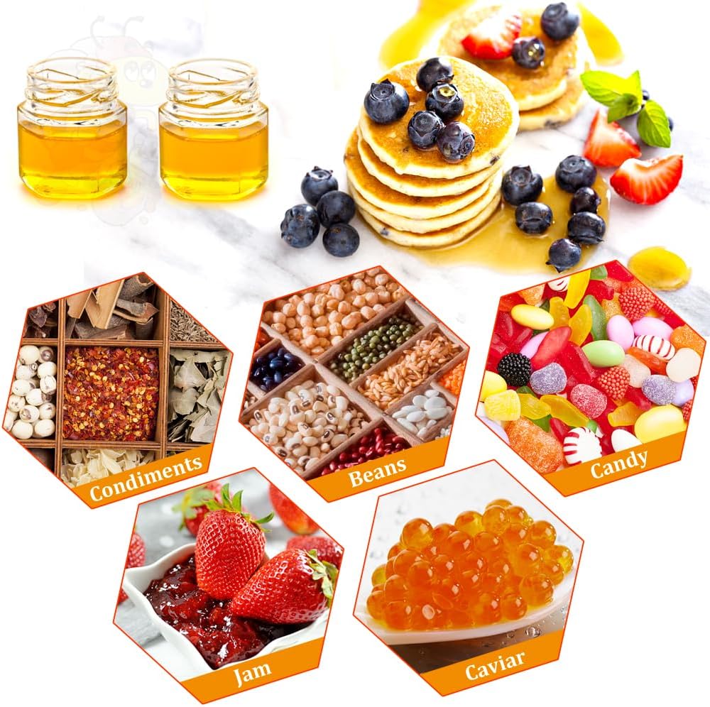 MAOOY 30Stück Hexagon Mini Glas Honig 45ml,Honiggläser mit Holzschöpflöffel+Eukalyptus Etiketten+Bienen Charms 20m Hanfseil Marmeladengläser