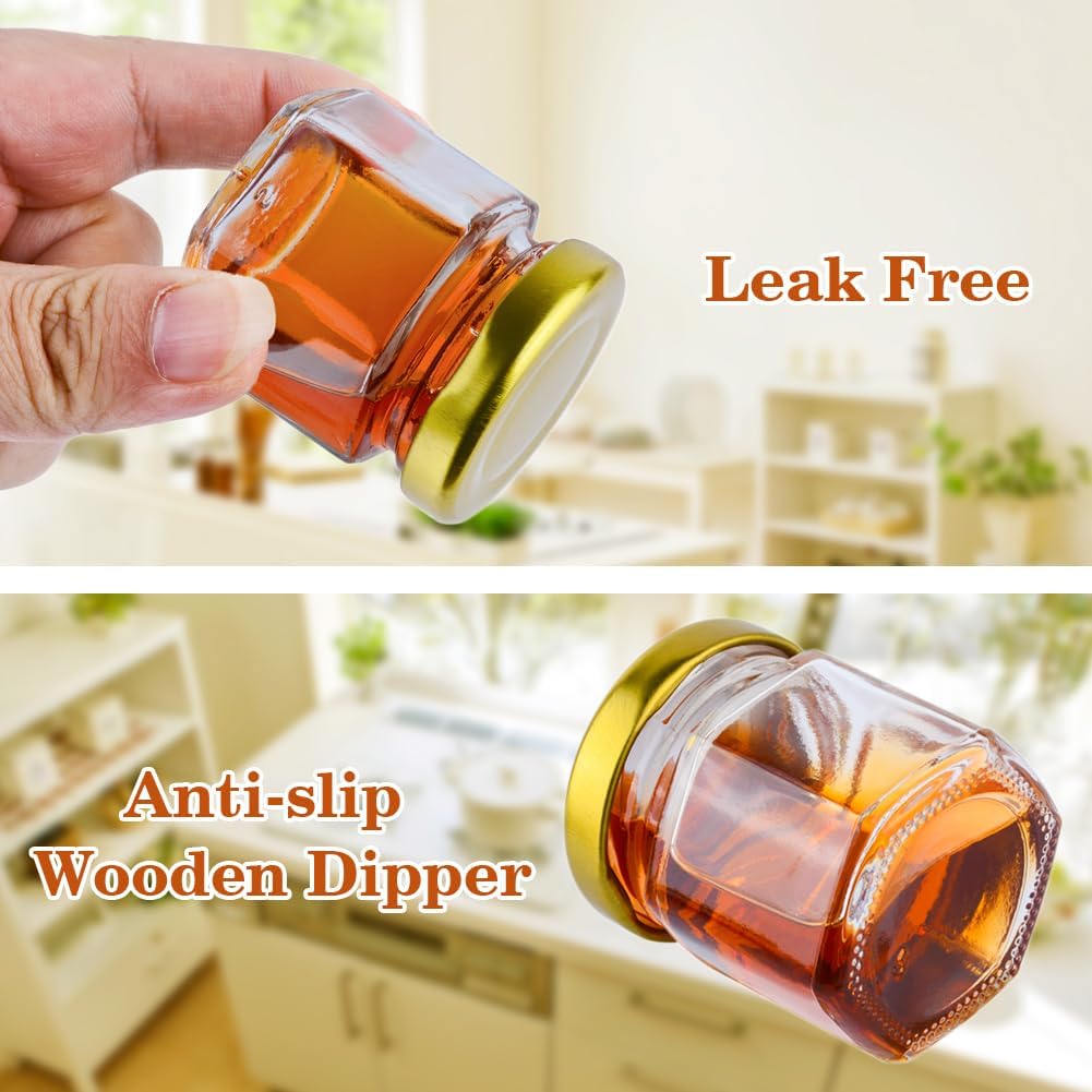 MAOOY 30Stück Hexagon Mini Glas Honig 45ml,Honiggläser mit Holzschöpflöffel+Eukalyptus Etiketten+Bienen Charms 20m Hanfseil Marmeladengläser