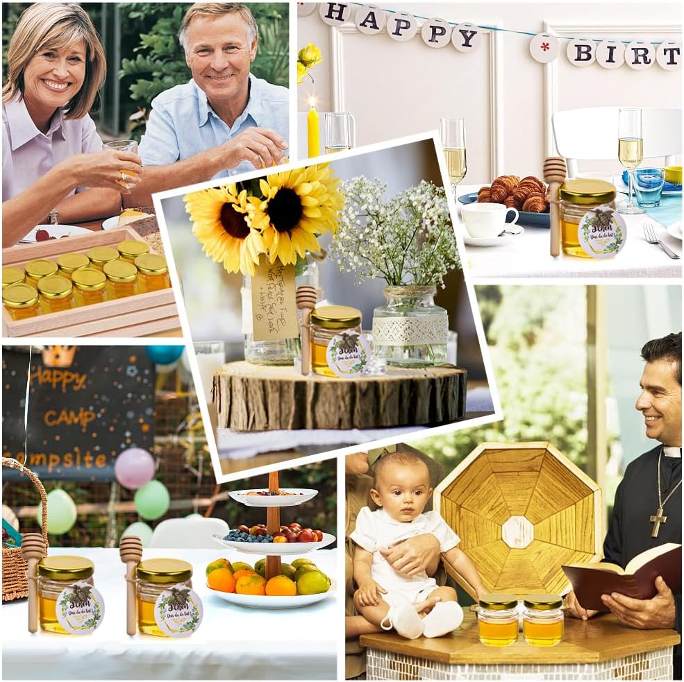 MAOOY 30Stück Hexagon Mini Glas Honig 45ml,Honiggläser mit Holzschöpflöffel+Eukalyptus Etiketten+Bienen Charms 20m Hanfseil Marmeladengläser